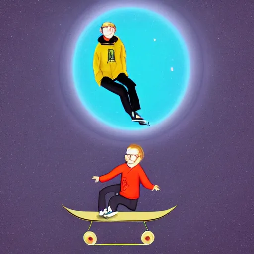 Image similar to Stephen Hawking skateboarding in air, wearing a hoodie, digital art painting.