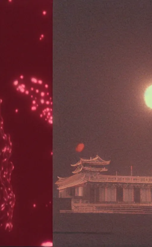 Image similar to light coming out of one starfish - like kaiju anthropomorphic monster, korean film noir by kim jong - il, korean traditional palace, pyongyang city, 1 9 6 0 s, red color bleed, 4 k, video compression, video glitch, monochrome, akira kurosawa, mamoru oshii, wes anderson, stanley kubrick