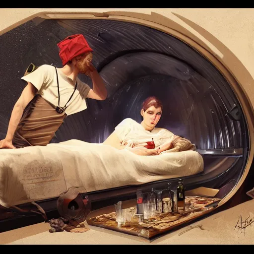 Image similar to young man in tinfoil hat and a girl sleeping in bed close to guinness bottles highly detailed, digital painting, artstation, concept art, smooth, sharp focus, illustration, art by artgerm and greg rutkowski and alphonse mucha