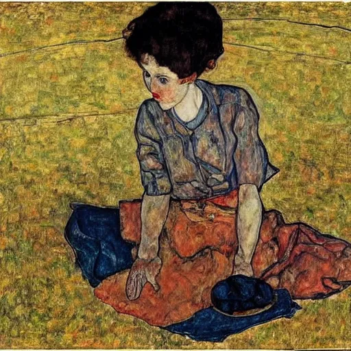 Image similar to girl at a picnic,, by Egon Schiele