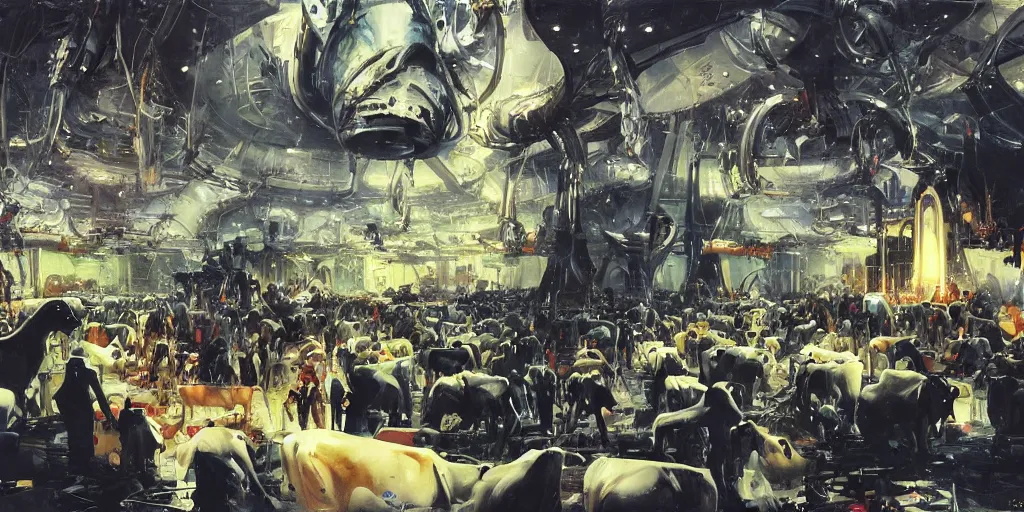 Image similar to aliens praying in a futuristic church surrounded by cows, concept art by Ralph McQuarrie, by John Berkey, oil on canvas, highly detailed, science fiction