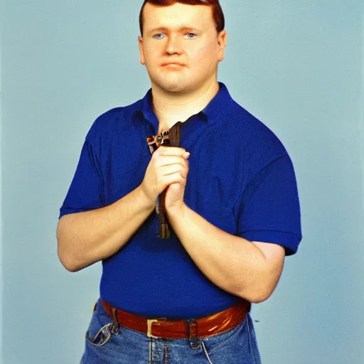 Image similar to preston hawkes wearing a blue collared polo shirt with blue jeans holding a protractor in one hand and a sword in the other hand, studio portrait