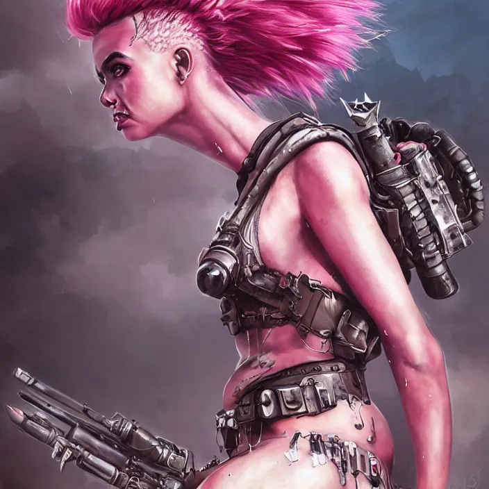 Prompt: beautiful apocalyptic woman with pink Mohawk, standing on mad max panzer tank, epic, smooth, sharp focus, 4k ultra hd, fantasy dark art, tank girl, artgerm, artstation, octane render, elegant, detailed digital painting