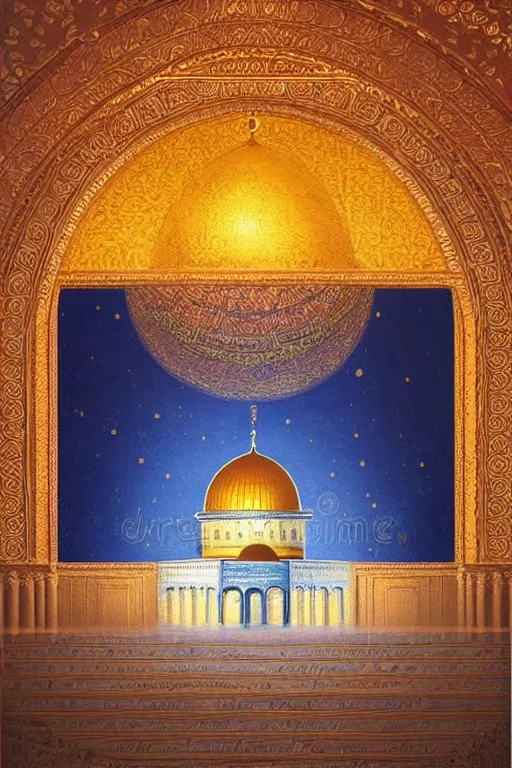 Image similar to a beautiful oil painting flyer design illustration of dome of the rock jerusalem and a silhouette of muslim is praying to god in front of it, intricate, elegant, glowing lights, highly detailed, digital painting, artstation, concept art, smooth, sharp focus, illustration, in the style of martin johnson heade and mark ryden