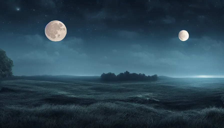 Image similar to a beautiful landscape at night, big moon on the right, stars in the sky, matte painting, dark blue tones, concept art, 4 k