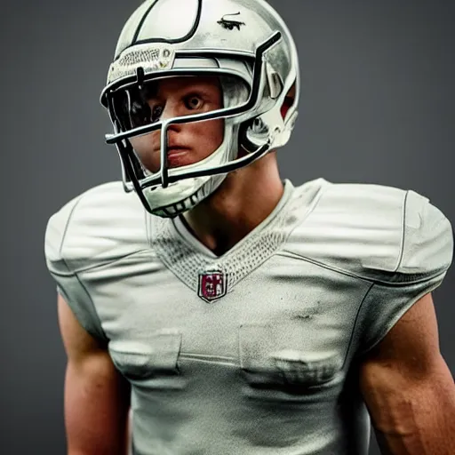 Image similar to “ a realistic detailed photo of a guy who is an attractive humanoid who is half robot and half humanoid, who is a male android, football player christian mccaffrey, shiny skin, posing like a statue, blank stare, on the field, on display ”