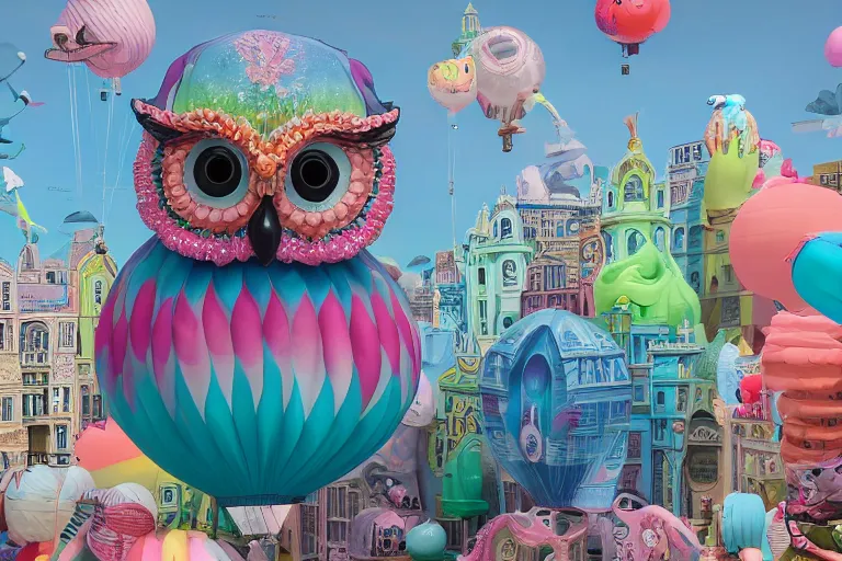 Prompt: patel coloured, elaborate, giant, massive, detailed, 3 d, pastel, blowup balloon owl with eyes and mouth, twisting geometry, floating in a 3 d painted, pastel sky, cinematic, 3 d designed city, 4 k by'eva cremers'and'lesley barnes'and'jordan coelho'