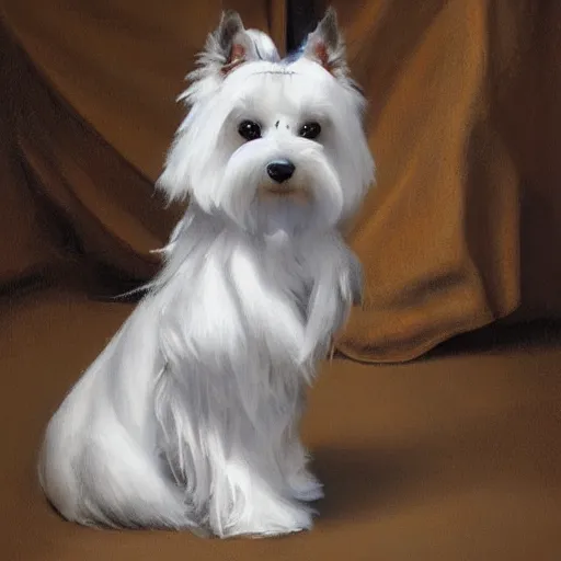 Image similar to white yorkshire terrier sitting on throne, cats sitting around throne, portrait art by donato giancola and greg rutkowski, realistic face, digital art, trending on artstation, symmetry