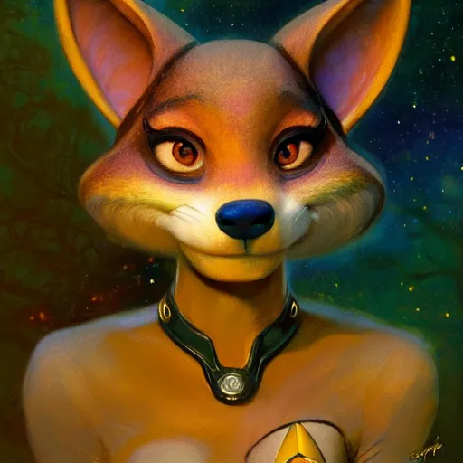 Image similar to a portrait of an female canine alien scales in starfleet uniform at night in a dark forest. zootopia fursona furaffinity furry art detailed face painting by gaston bussiere craig mullins jc leyendecker gustav klimt artgerm greg rutkowski furry