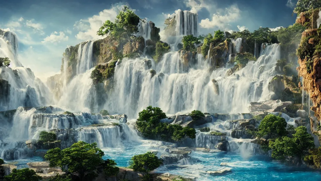 Image similar to ancient greek marble city in the clouds surrounded by a giant waterfalls, gold trimmings, clear blue water fountain, vines and blue foliage, matte painting, octane render, cinematic camera, bloom, blizzard cinematic,