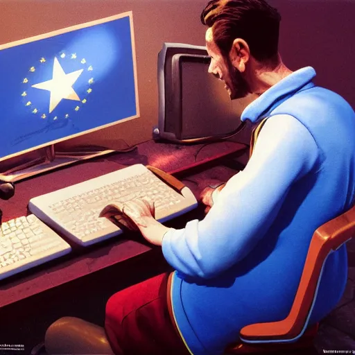 Prompt: european union eu commission hybrid influencer sitting on chair on computer playing games on led keyboard and gaming mouse, ussr suit, communism era, ussr armor, eu, europa, european, keyboard, computer mouse, dark and gloom, extremely detailed oil painting, rhads, Bruce Pennington, Studio Ghibli, tim hildebrandt, cinematic, octane render, beautiful composition, trending on artstation, award-winning photograph, masterpiece