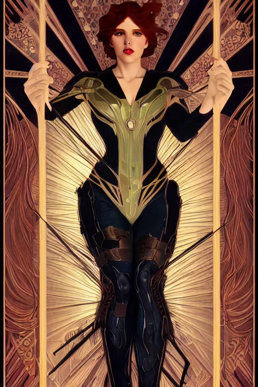 Prompt: a dramatic ethereal epic painting of Black Widow | tarot card, art deco, art nouveau, realistic | dramatic lighting | by Dresden Codak, by Mark Maggiori and Alphonse Mucha | trending on artstation