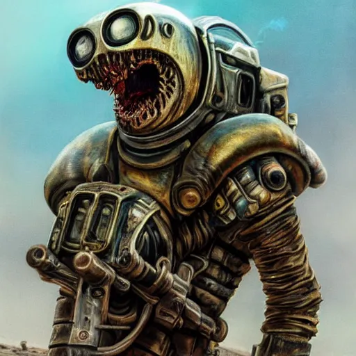 Image similar to mad max squid monster astronaut made out of ork technology from warhammer 40k, au naturel, hyper detailed, digital art, trending in artstation, cinematic lighting, studio quality, smooth render, unreal engine 5 rendered, octane rendered, art style by klimt and nixeu and ian sprigger and wlop and krenz cushart, full body portrait, well lit, intricate abstract. cyberpunk, intricate artwork, by Tooth Wu, wlop, beeple. octane render, trending on artstation, greg rutkowski very coherent symmetrical artwork. cinematic, hyper realism, high detail, octane render, 8k, minimalistic, hyperrealistic surrealism, award winning masterpiece with incredible details, a surreal vaporwave liminal space, highly detailed, trending on ArtStation