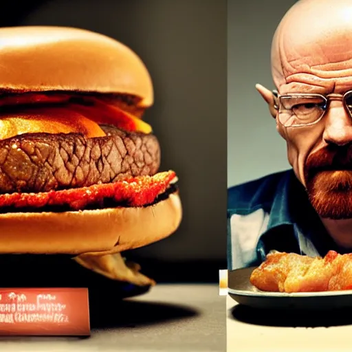 Image similar to Walter White, Heisenberg, Depicted as a large angus steakburger, food photography, body horror