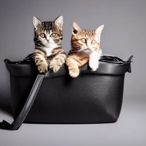 Prompt: a highly detailed photo of multiple furry cats, they are inside a big handbag, black background, studio lighting, 4 k, 8 k