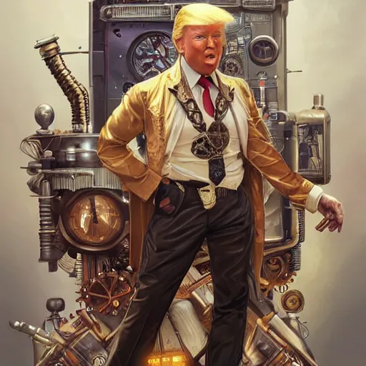 Image similar to donald trump as a steampunk cyborg, portrait, western, steampunk, duster, fantasy, intricate, elegant, highly detailed, digital painting, artstation, concept art, sharp focus, illustration, art by artgerm and greg rutkowski and alphonse mucha