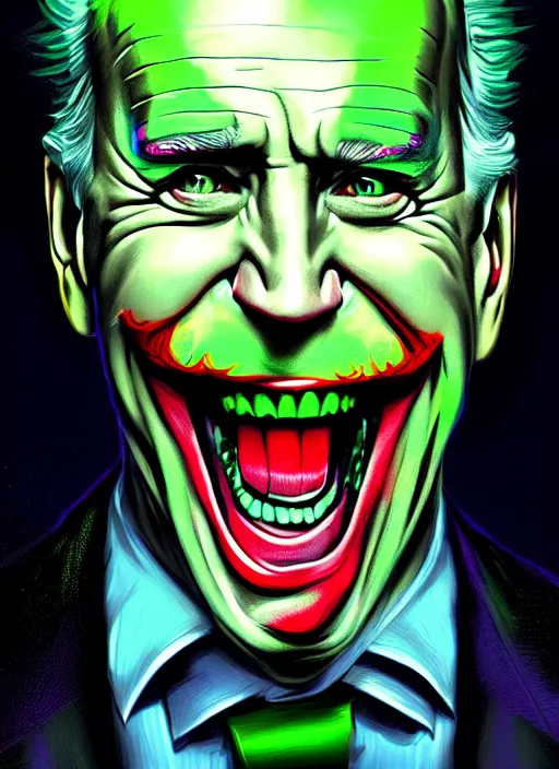 Image similar to portrait of joe biden as the joker, green hair, intricate, elegant, glowing lights, highly detailed, digital painting, artstation, concept art, sharp focus, illustration, art by wlop, mars ravelo and greg rutkowski