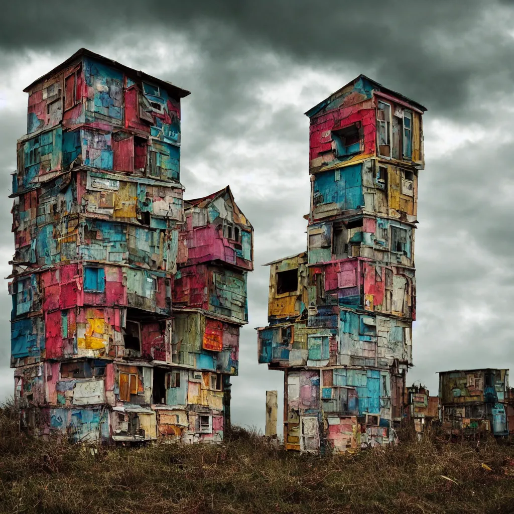 Image similar to close - up view of a tower made up of colourful makeshift squatter shacks, bleached colours, moody cloudy sky, dystopia, mamiya, very detailed, photographed by cristina de middel