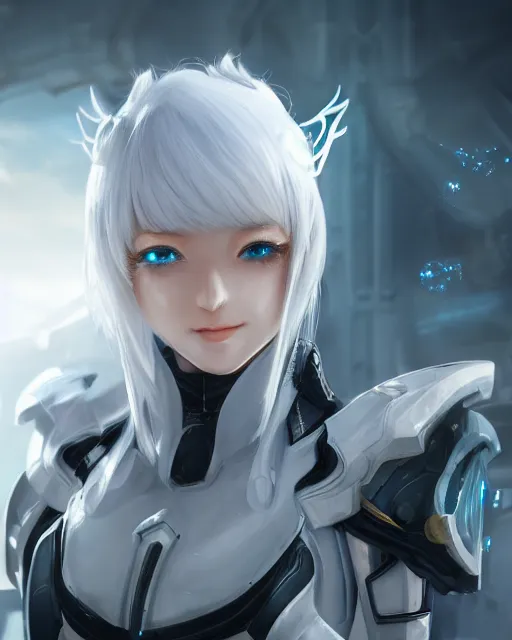 Image similar to perfect white haired girl, warframe armor, beautiful, dreamy, half asian, pretty face, blue eyes, detailed, sunny day, scifi platform, front lit, laboratory, experiment, 4 k, ultra realistic, epic lighting, cinematic, high detail, masterpiece, by masayoshi tanaka, akihiko yoshida, kazuya takahashi