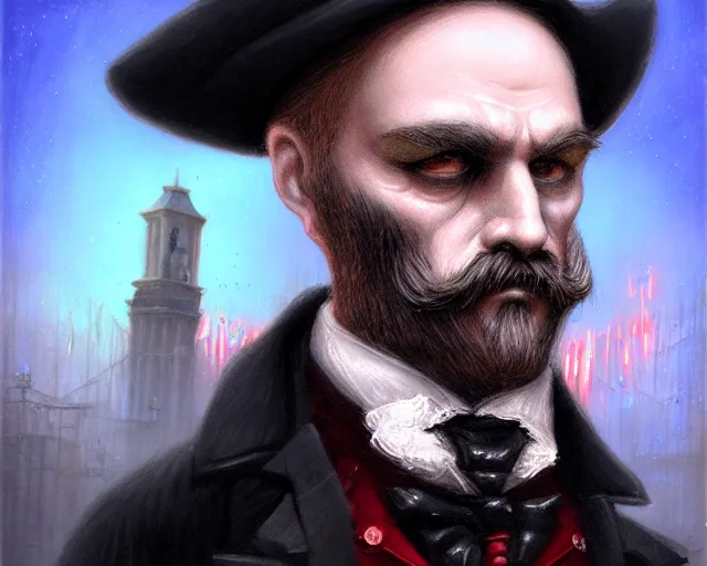 Image similar to closeup profile portrait of jack the ripper with a time machine, nicoletta ceccoli, mark ryden, lostfish, max fleischer, hyper realistic, artstation, illustration, digital paint, matte paint, vivid colors, bright, cheerful, detailed and intricate environment