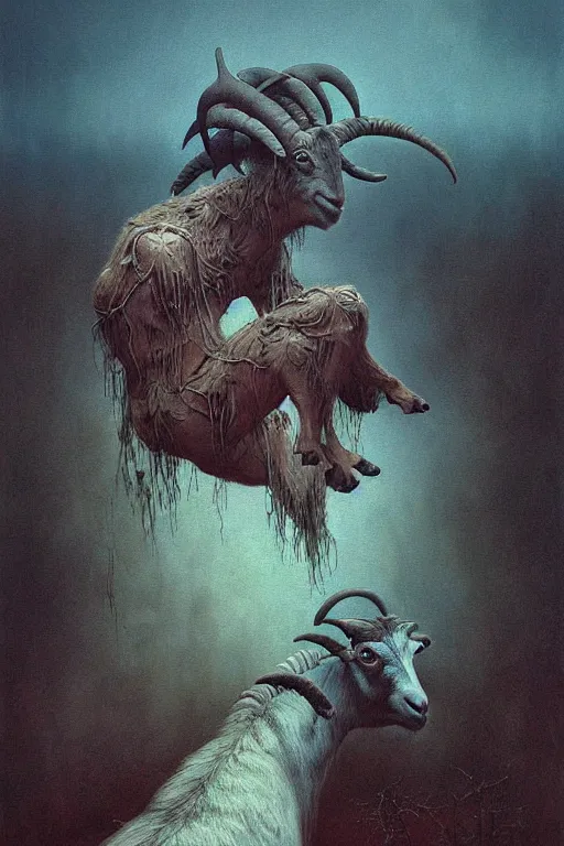 Image similar to painting of hybrid between human andy milonakis and a goat, by zdzislaw beksinski, by tiffany bozic, cold hue's, warm tone gradient background, concept art, beautiful composition, digital painting