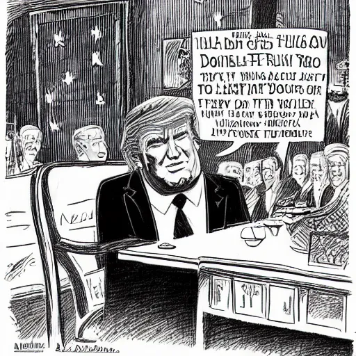 Image similar to new yorker cartoon by rod chast of donald trump, black and white,