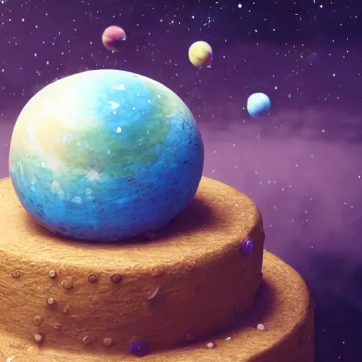 Image similar to Realistic cake with planets and stars on it, behance, artstation, unreal render, unreal engine 5, octane, intricate, 100mm, photorealistic, hyper realism, high detail, smooth, sharp focus, bokeh, 8k, movie shot, cinematic perspective, studio shot