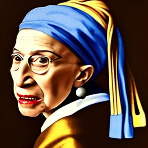 Image similar to ruth bader ginsburg with a pearl earring, painting by vermeer