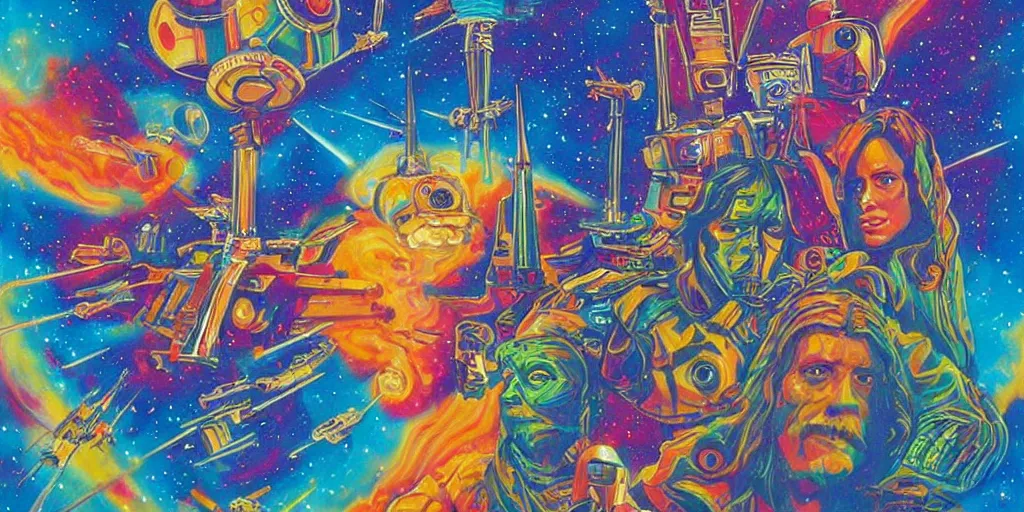 Prompt: high detailed psychedelic painting of star wars the movie in the cosmos