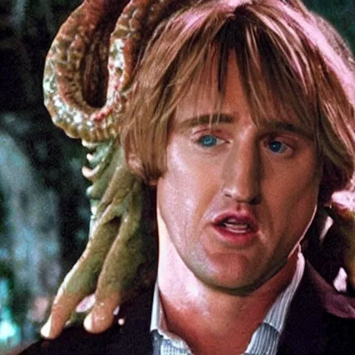 Image similar to still from a romantic comedy starring Owen Wilson and Cthulhu, eldritch god of insanity