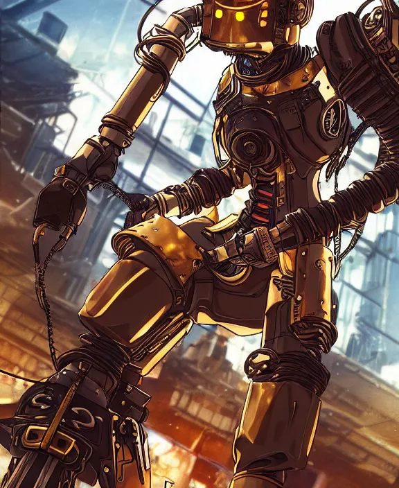 Prompt: an anime drawing of a cyberpunk warrior with golden steampunk armour and a futuristic helmet with a cybernetic visor by Moebius, 4k resolution, photorealistic