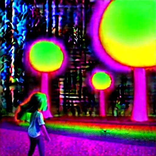 Image similar to Little girl wandering among many giant glowing mushrooms, Neon colors, psychedelic art, trippy, 4k, HQ, Trending on Artstation