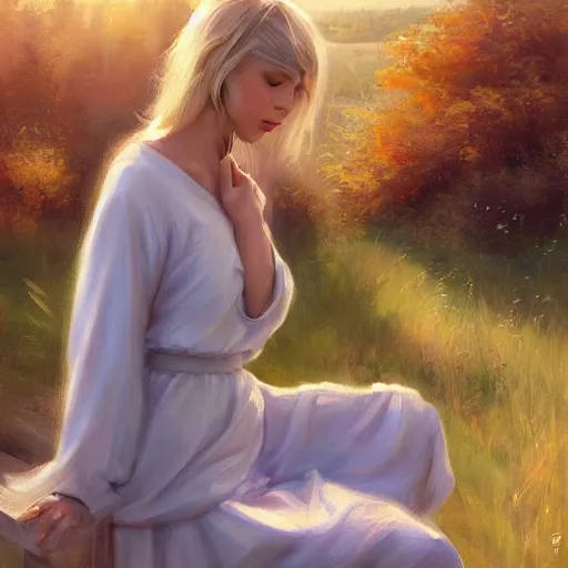 Image similar to blonde female jedi, Swedish countryside, landscape view, archipelago, painting by Vladimir Volegov, wlop, artstation