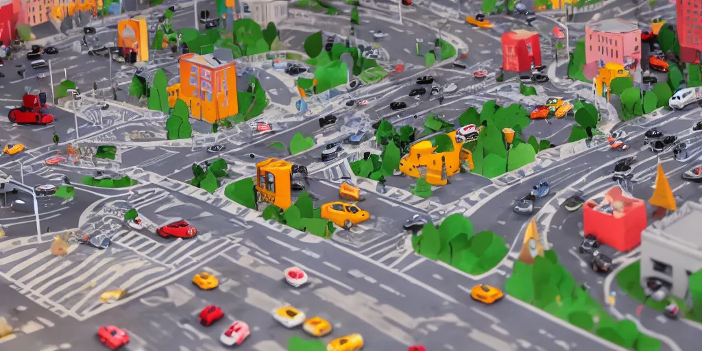 Image similar to paper craft diorama of a city with people and cars