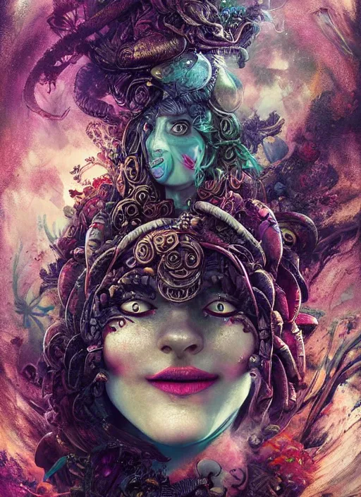 Image similar to alice in wonderland, polynesian god, alien, highly detailed, cinematic, 8 k, by megan duncanson, benjamin lacombe, adrian borda, stanley artgermm, tom bagshaw, craig mullins, carne griffiths, ayami kojima, beksinski, giger, trending on deviantart, hyper detailed, horror, full of colour