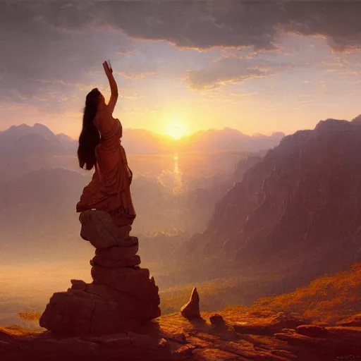 Image similar to an ultradetailed matte landscape painting of a large mountain made into a sculpture of a woman, sunrise on the horizon in the background, stone hand raised up, 8 k, art by greg rutkowski and albert bierstadt