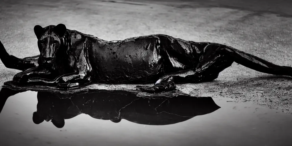 Image similar to the black lioness made of tar, dripping tar, dripping goo, sticky black goo, laying on their back bathing in the pit filled with tar, dripping goo, sticky black goo. photography, dslr, reflections, black goo, rim lighting, cinematic light, tar pit, chromatic