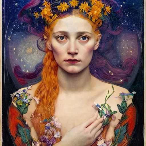 Image similar to queen of the moon with stars in her hair, by annie swynnerton and tino rodriguez and nicholas roerich and lucien freud and jean delville and tom bagshaw, dramatic lighting, floral tattoos, rich colors, smooth sharp focus, extremely detailed, adolf wolfli