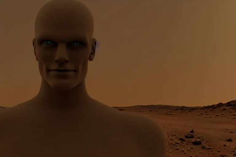 Image similar to realistic human - like man android on mars city low power realistic ambient light and shadow