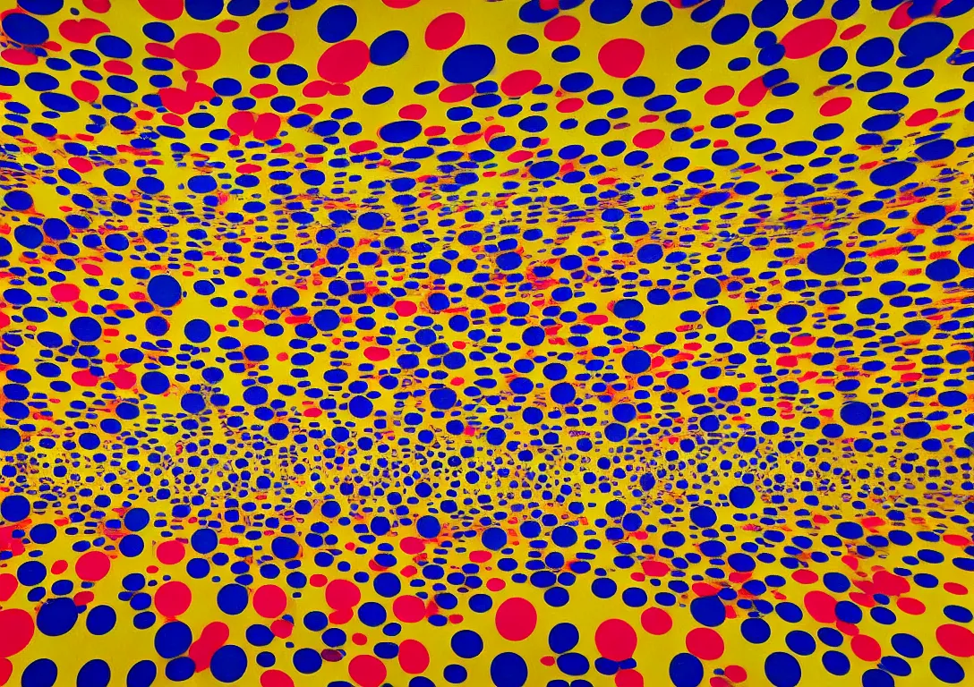 Prompt: Yayoi Kusama. Room with mirrors and colorful dots. Infinite. Ultra detailed.