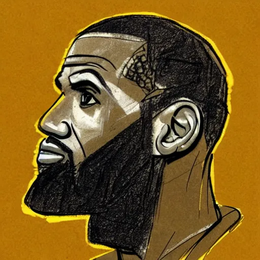 Prompt: a realistic yet scraggly portrait sketch of the side profile of a stern and sophisticated lebron james, trending on artstation, intricate details, in the style of frank auerbach, in the style of sergio aragones, in the style of martin ansin, in the style of david aja, in the style of mattias adolfsson