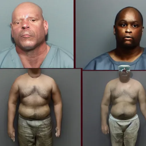 Prompt: inmate body with chicken face, mugshot in a police station