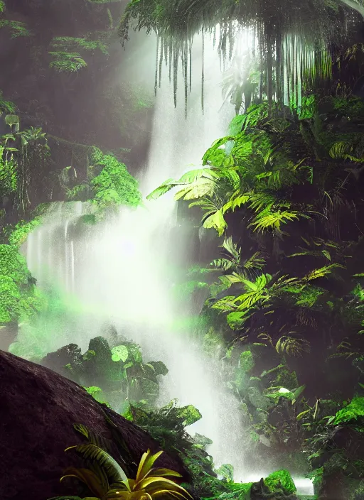 Image similar to great jungle turquiose waterfall, highly detailed, mist, god rays, cinematic, cinematic lighting, octane render, ultra details, painting by tyrus wong, 8K