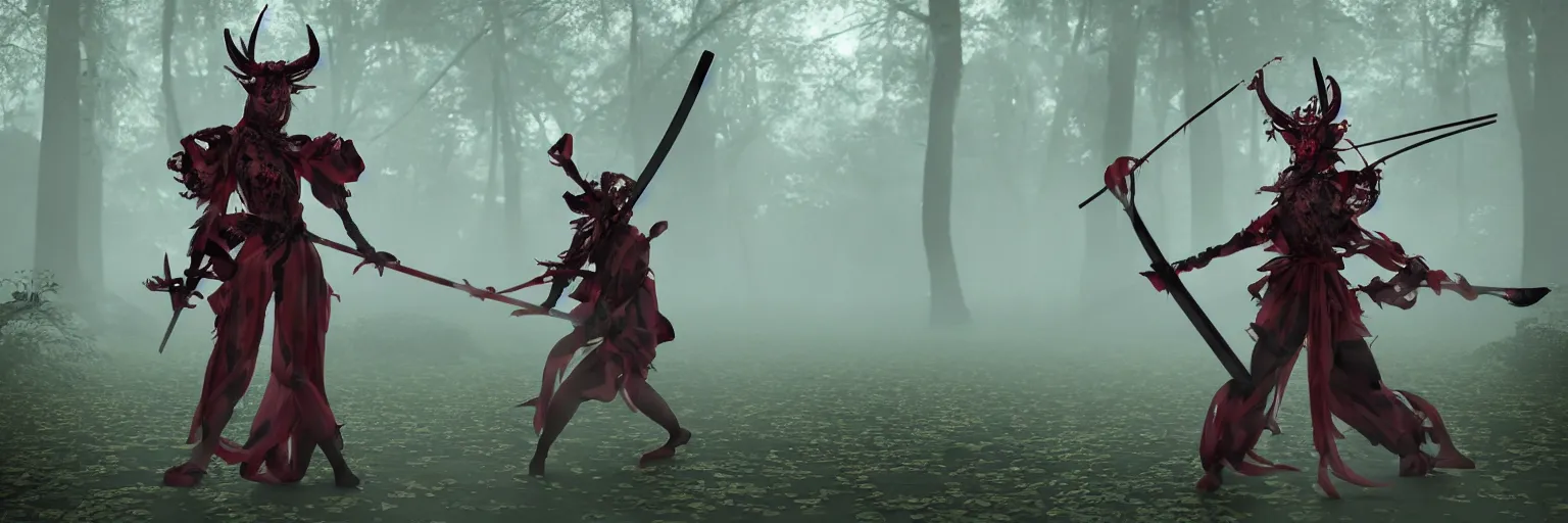 Prompt: a beautiful 3 d render of a giesha demon wearing a kimono + holding a samurai sword, innovative avant - garde art, deco fashion, photorealistic + in a serene forest setting!!!!!!!, concept art, award winning, 4 k, rule of thirds, volumetric lighting, hyper detailed, confident, moody, dramatic, octane render