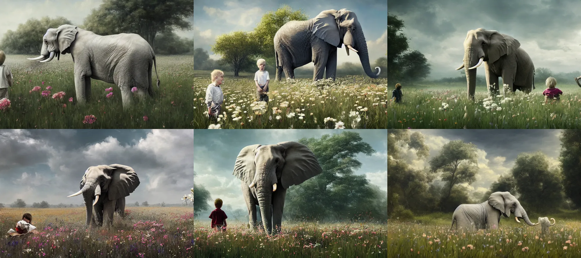 Prompt: a large elephant sized albino white tiger sits beside a boy in a field of flowers by Greg Rutkowski, jason chan, Maxim Verehin, Peter Konig, final fantasy, photorealistic 8k, cinematic lighting, HD, high detail, atmospheric, trending on artstation