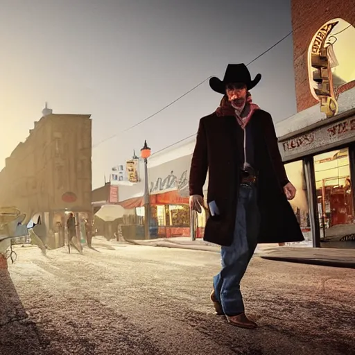 Image similar to a man with a long coat and a cowboy hat walking in a western town, by Shaddy Safadi, dramatic lighting, digital painting, 8k, highly detailed