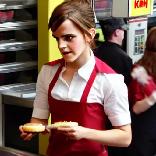 Prompt: a medium shot of Emma Watson as a Burger King employee working, annoyed facial expression, flash photography, candid photography