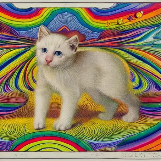 Image similar to a prism magically fractures a white kitten into every color of the rainbow, Louis William Wain,