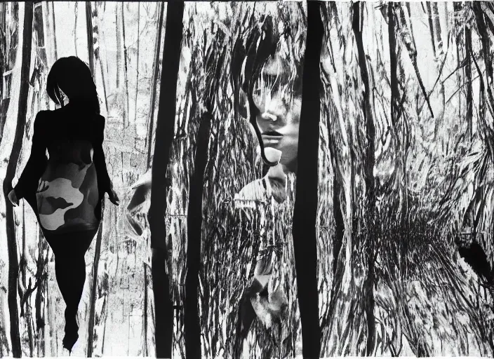Image similar to a female model with long black hair, emerging from a dense misty jungle wearing camouflage by yohji yamamoto, in the style of daido moriyama, 3 5 mm film, camera obscura, double exposure