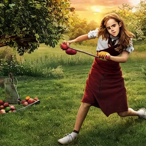 Image similar to Still of Emma Watson as Hermione Granger pinching apples from the neighbors garden. Prisoner of Azkaban. During golden hour. Extremely detailed. Beautiful. 4K. Award winning.